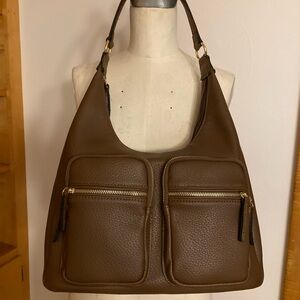 Hobo style Bag in Dark Brown with Multiple Front Zip Pockets Patterned Lining
